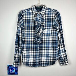 Lauren Ralph Lauren Blue White Plaid Western Ruffle Button Down Top Shirt Small